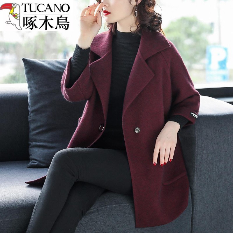 啄木鸟双面羊毛大衣女加肥加大码毛呢短外套时尚春秋针织开衫百搭