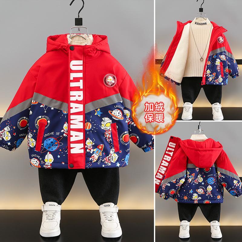 休闲舒适奥特曼男童冲锋衣儿童加绒加厚外套新款中小童洋气酷帅棉