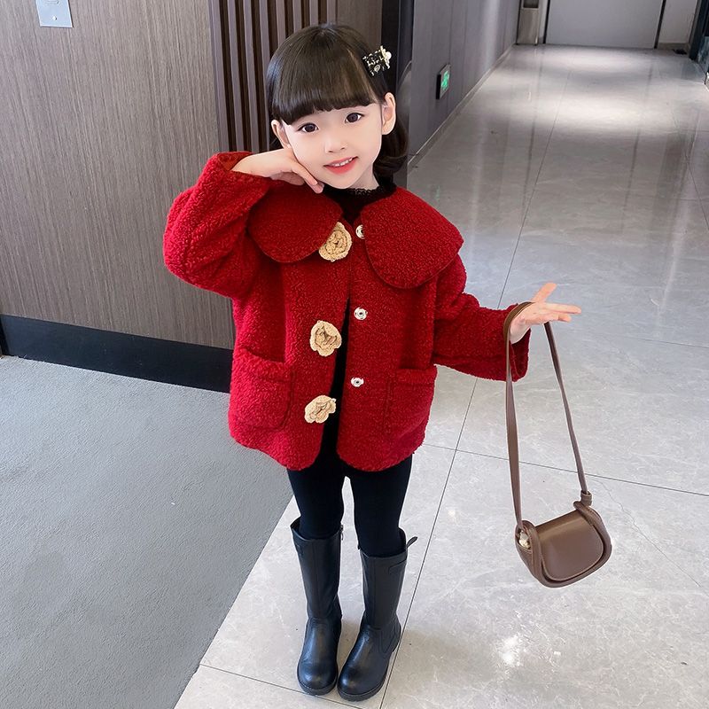 女童加绒外套2024新款女宝宝皮毛一体毛毛衣儿童秋冬装上衣