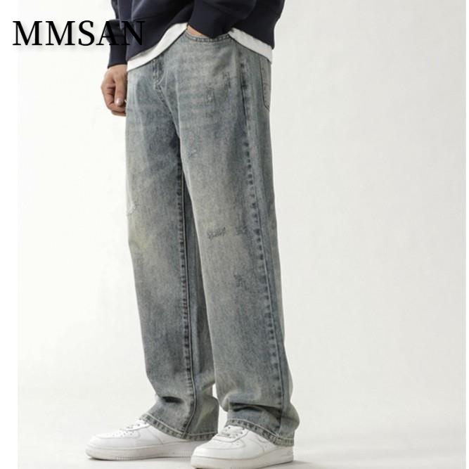 秋冬款加绒长裤潮阔腿裤子男直筒浅色水洗美式复古牛仔裤男士秋季