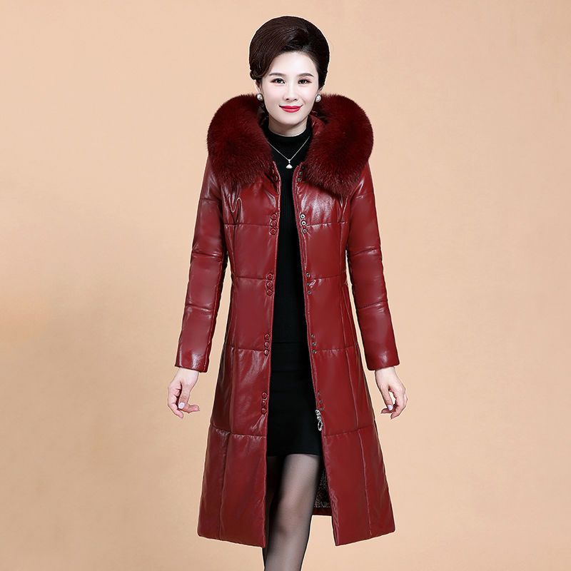 海宁真皮皮长款过膝冬装新款皮大衣狐狸毛领大码妈妈皮外套