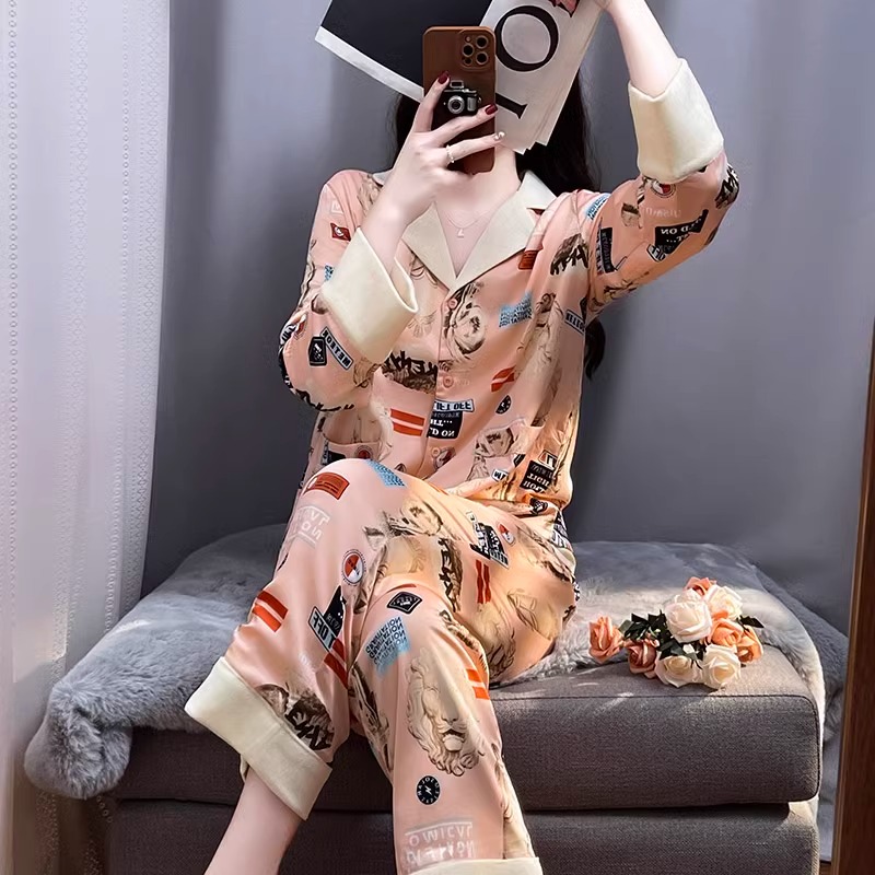 tpvl双层丝+绒轻奢睡衣女秋冬印花时尚高级感家居服外穿保暖加厚