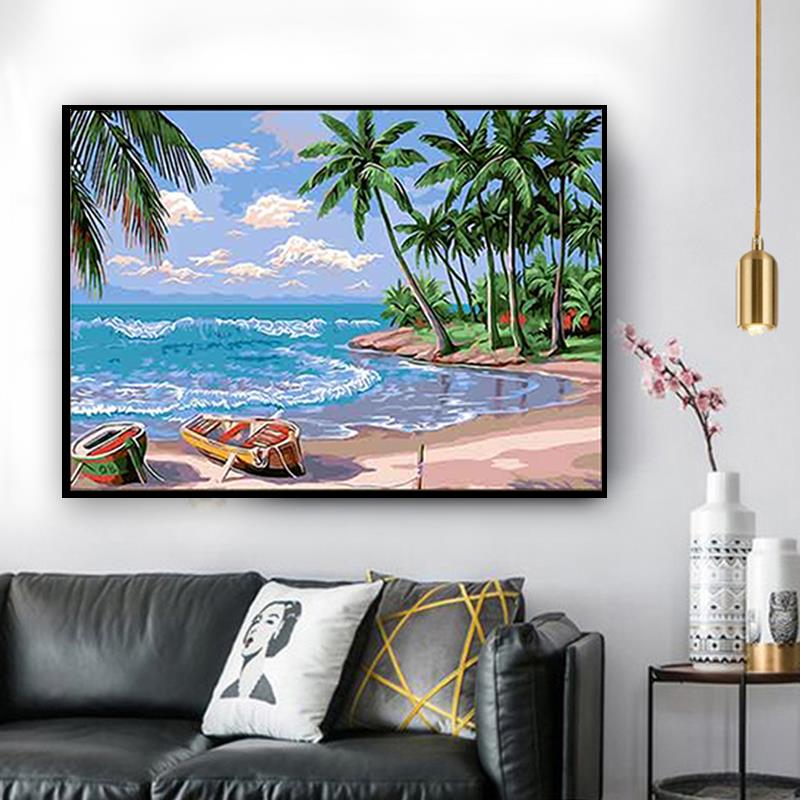 diy数字油画手工填色油彩画减压填充画海边风景装饰挂画 假日海滩