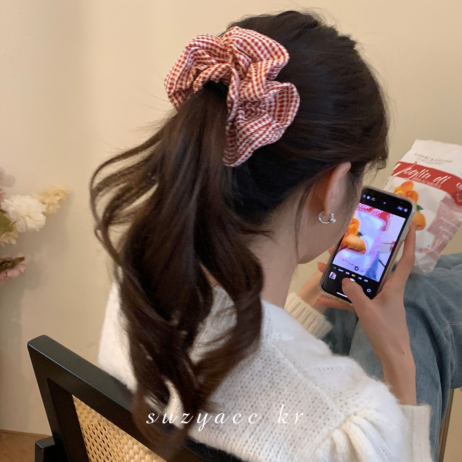 韩式气质千鸟格红色大肠发圈女秋冬2024新款时尚洋派绑头发绳发圈