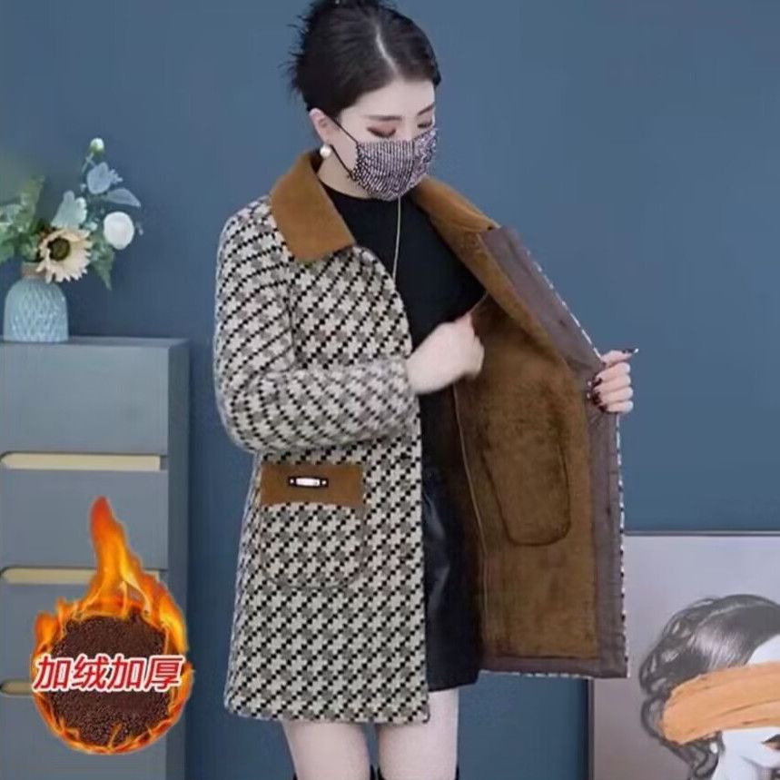 雅鹿高档水貂绒加绒加厚外套女中长款妈妈装冬季新款时尚减龄毛呢