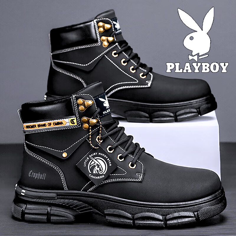 PLAYBOY男鞋2023秋冬季鞋子男款马丁靴大黄男靴男士加绒加厚保暖