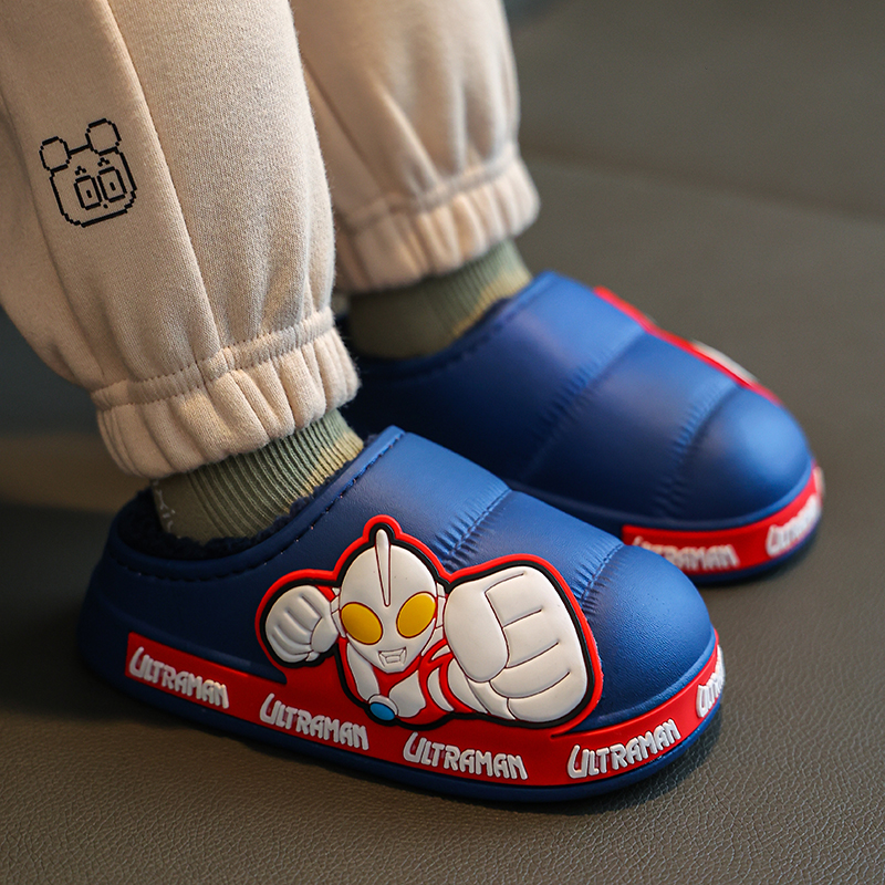 外穿奥特曼儿童棉拖鞋冬小孩中大男童室内居家宝宝防滑毛毛包跟棉