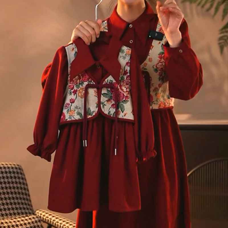 女童国风马甲长袖连衣裙2023秋季新款盘扣假两件套复古裙子亲子装