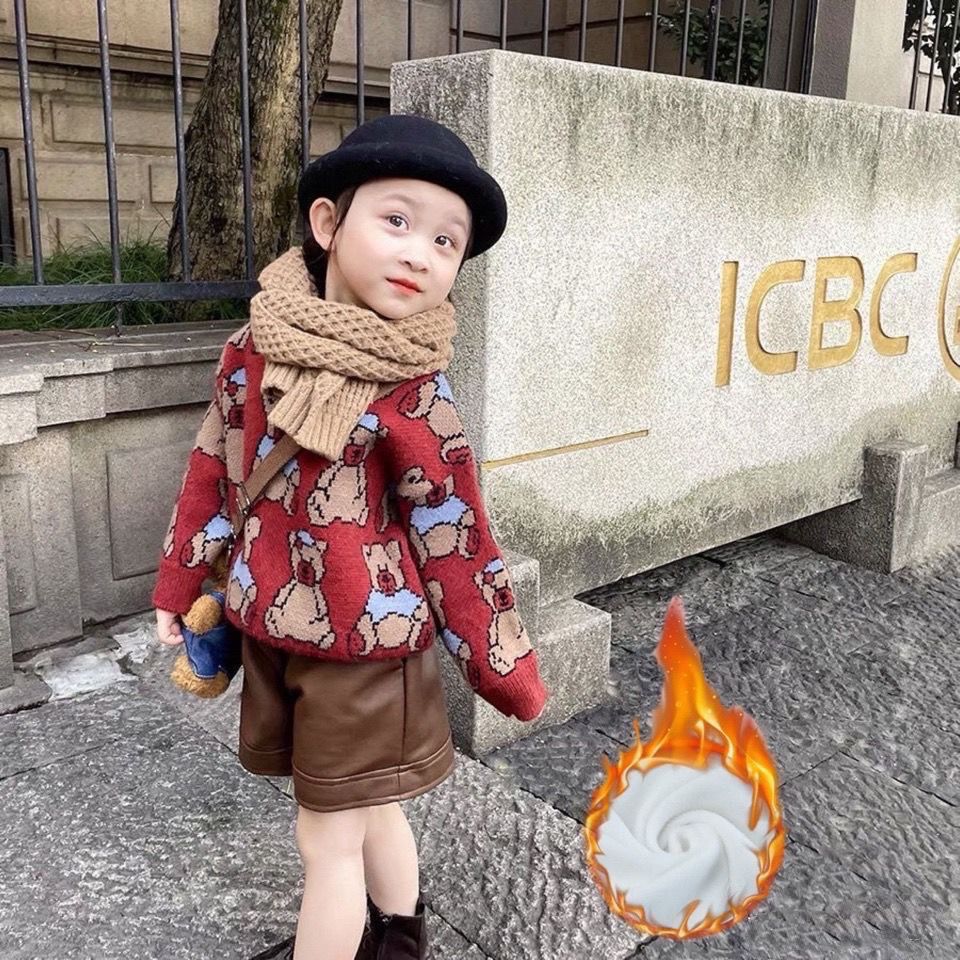 女童毛衣加绒加厚2022秋冬装新款宝宝复古洋气针织衫圆领上衣男童