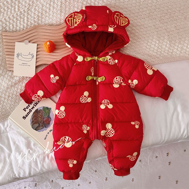 【糖果】婴儿连体衣冬款红色新年过年服宝宝加绒秋冬冬防寒爬服