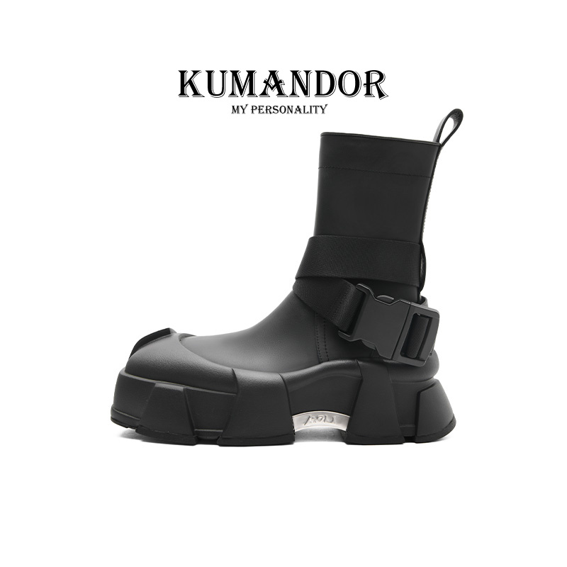 KUMANDOR 2024新款 时尚潮酷小众厚底中筒靴黑色炸街短靴增高女靴