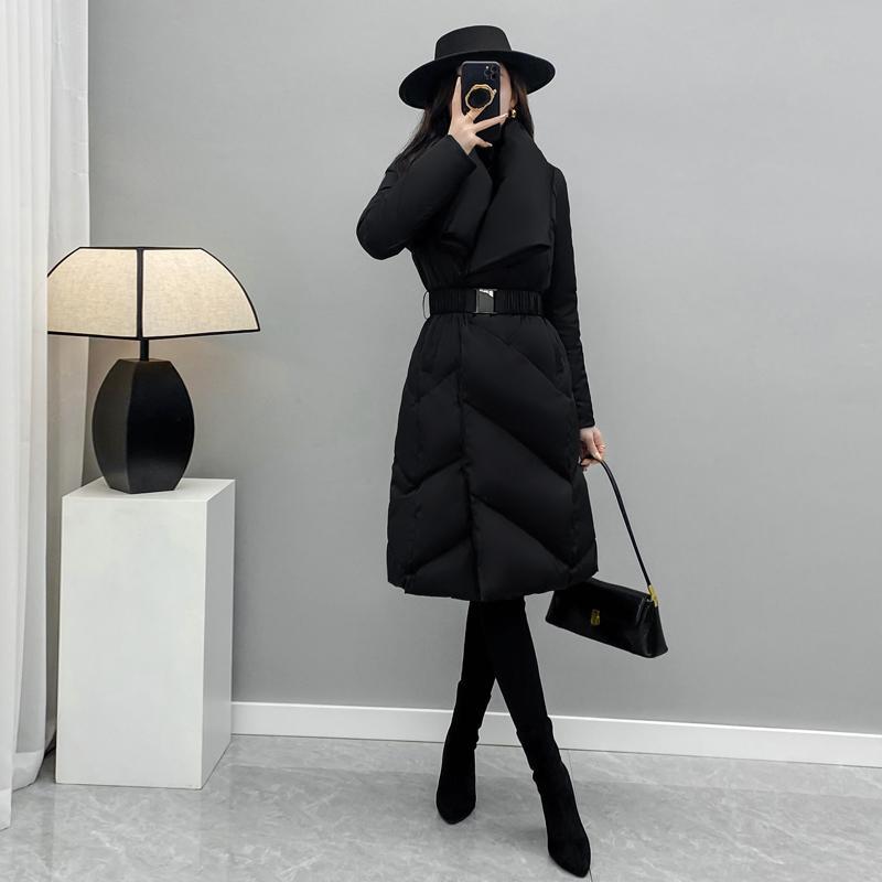 爆款2023新款2023冬季新款黑色修身过膝中长款羽绒服女小个子收