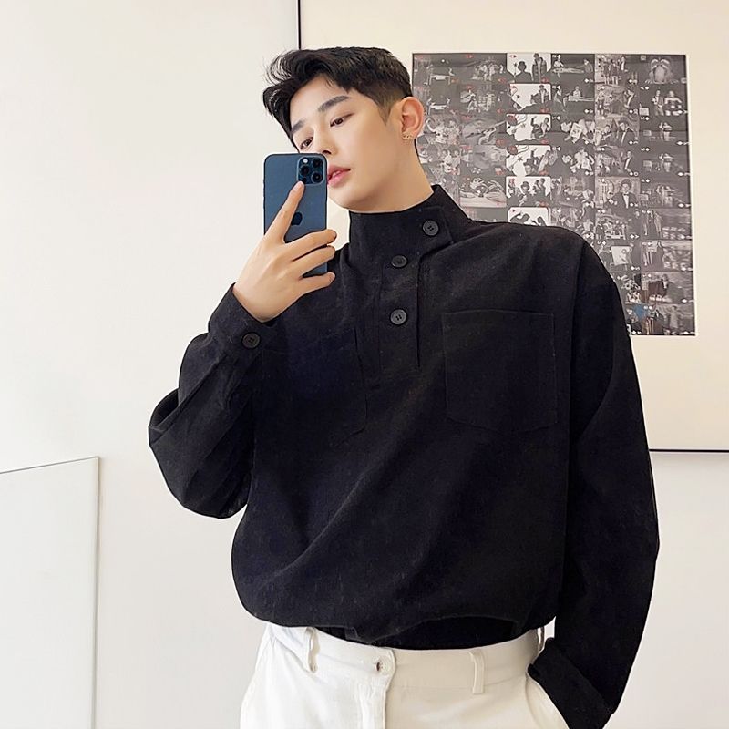 【小杨直播推荐】2023春秋半高领长袖衬衫男设计感小众简约高级感轻