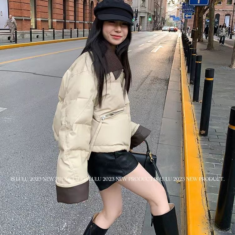 波司断码波司断码针织翻领短款羽绒服女冬季设计感拼接加厚保暖撞