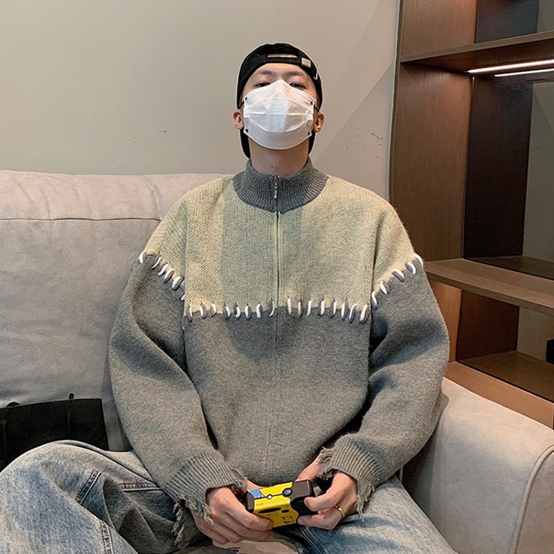 拼接撞色毛衣男秋冬vintage袖口破烂半高领外套ins盐系开衫