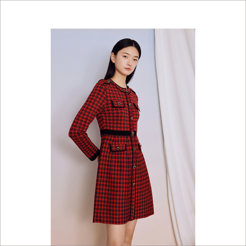 音儿 美地女装2023秋冬季新款收腰长袖时尚格子连衣裙LC63506227