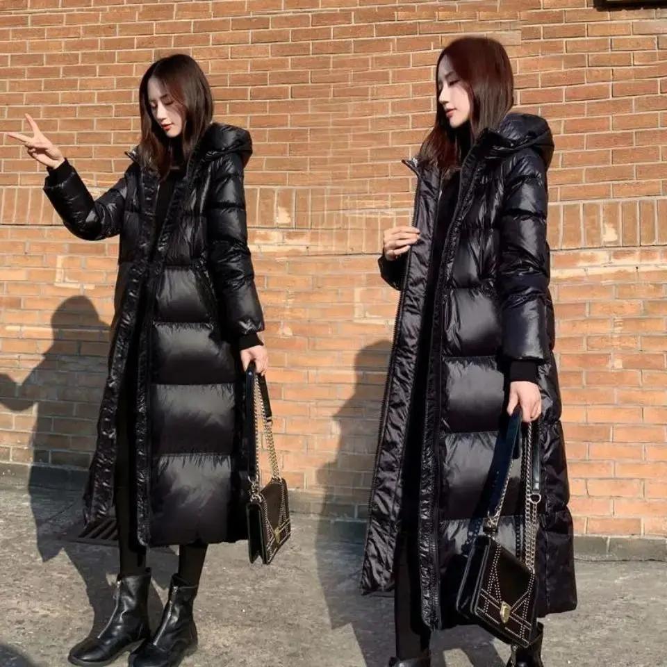 艾莱依2023新款黑色羽绒羽绒服韩版长款亮面棉衣女加厚修身棉袄潮