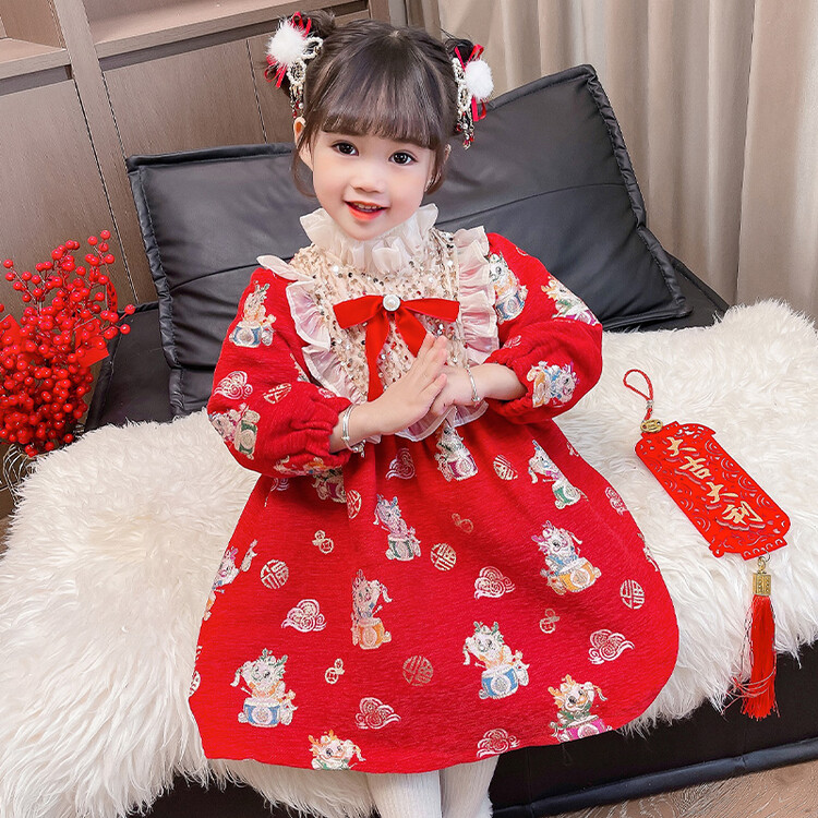 女宝宝龙年拜年服连衣裙洋气女小童汉服古装中国风加绒公主裙唐装