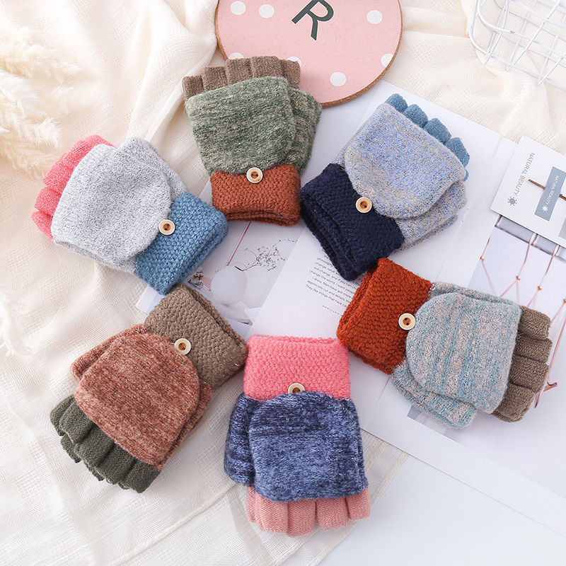 手套女秋冬季韩版可爱半指翻盖日系学生骑车保暖女士毛绒加厚手套