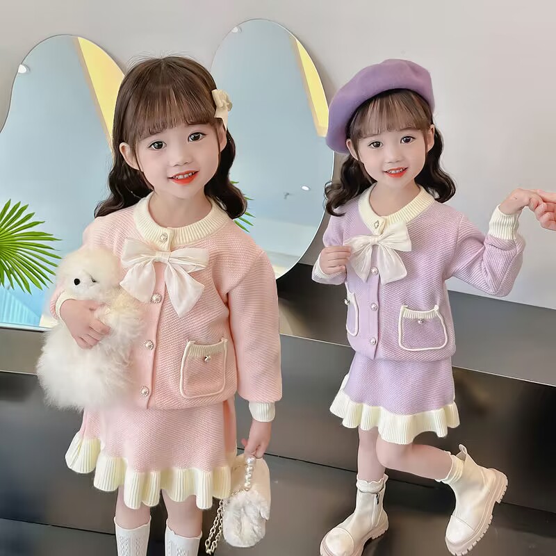 女童小香风毛衣裙套装春秋冬款儿童装洋气女宝宝针织外套两件套