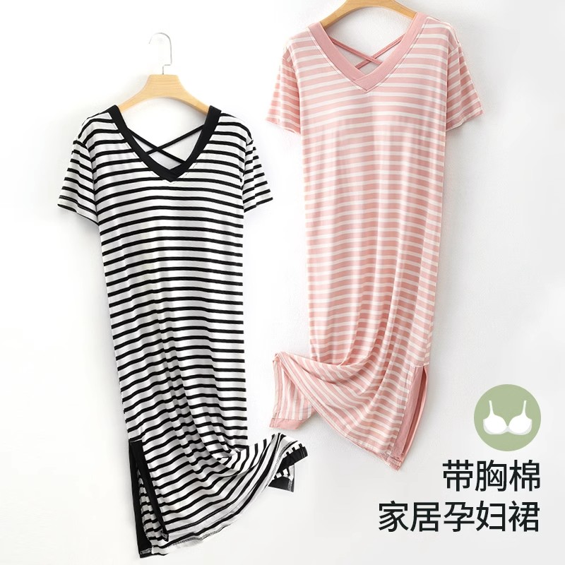莫代尔带胸垫睡裙女士夏季条纹短袖薄款冰丝凉感家居服长裙可外穿