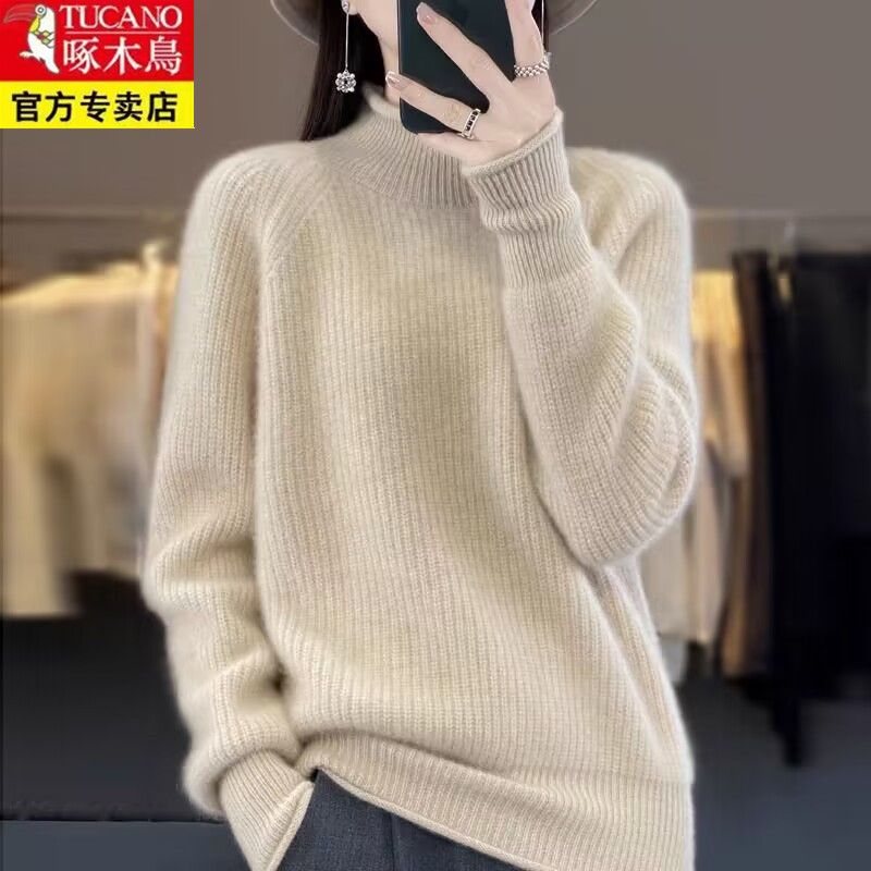 啄木鸟秋冬新款羊毛衫女装半高领插肩加厚套头毛衣羊毛针织打底衫