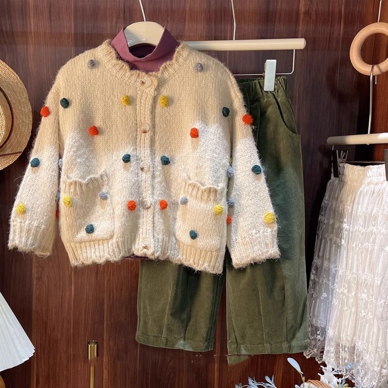 韩系女孩时尚女童套装2023秋冬款洋气彩色球球针织毛衣开衫休闲裤