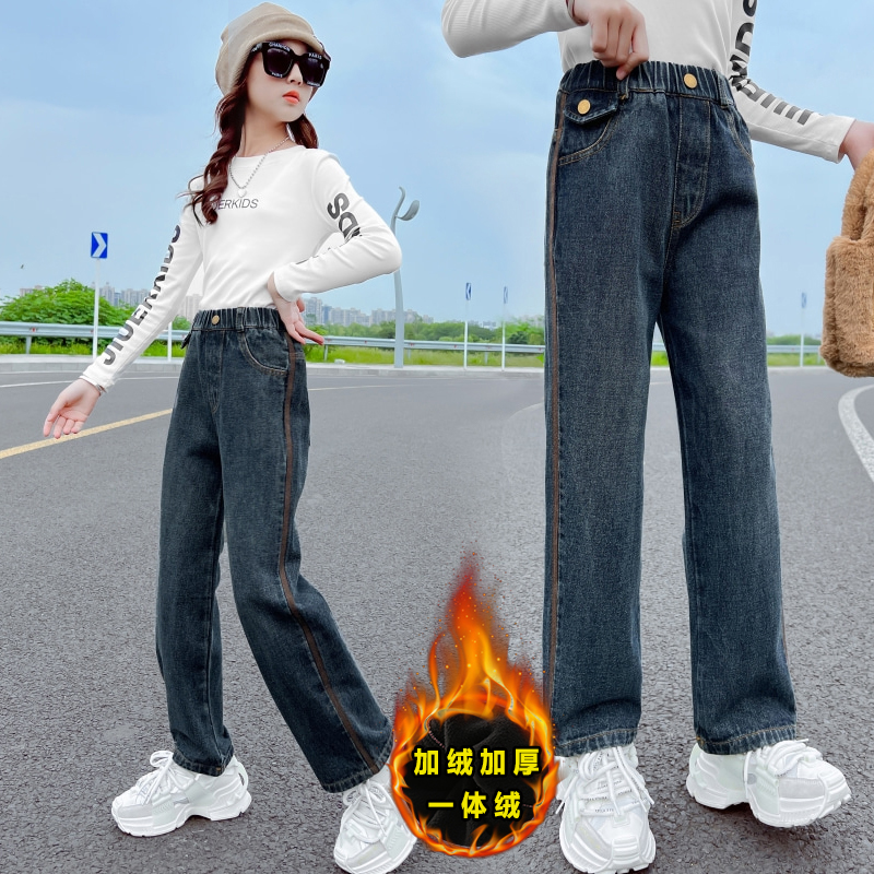 巴拉巴拉恩女童裤子秋冬装洋气直筒宽松加绒加厚阔腿裤中大童儿童
