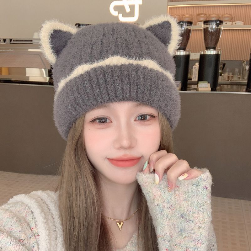 显脸小猫耳朵针织毛线帽子女秋冬季加绒保暖帽子百搭可爱超萌冷帽