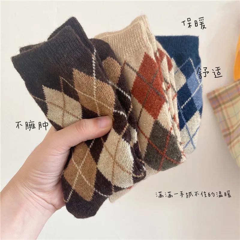 日系小菱形格女士袜子防寒袜加绒加厚保暖袜子女中筒袜子秋冬款