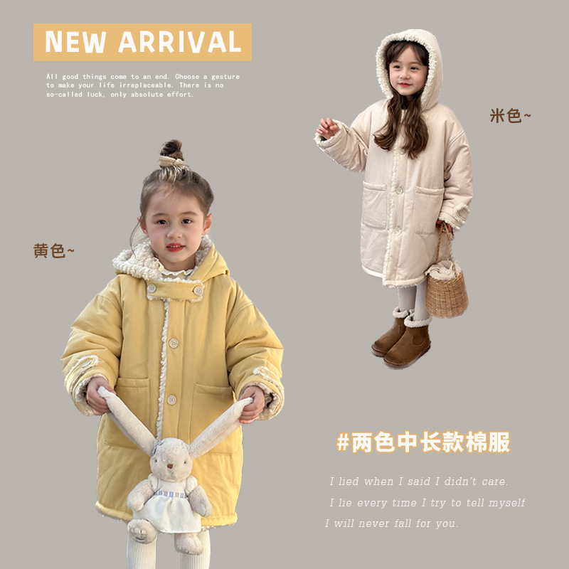 女童中长款风衣连帽棉服外套儿童韩版洋气保暖加厚黄色棉衣冬ol款