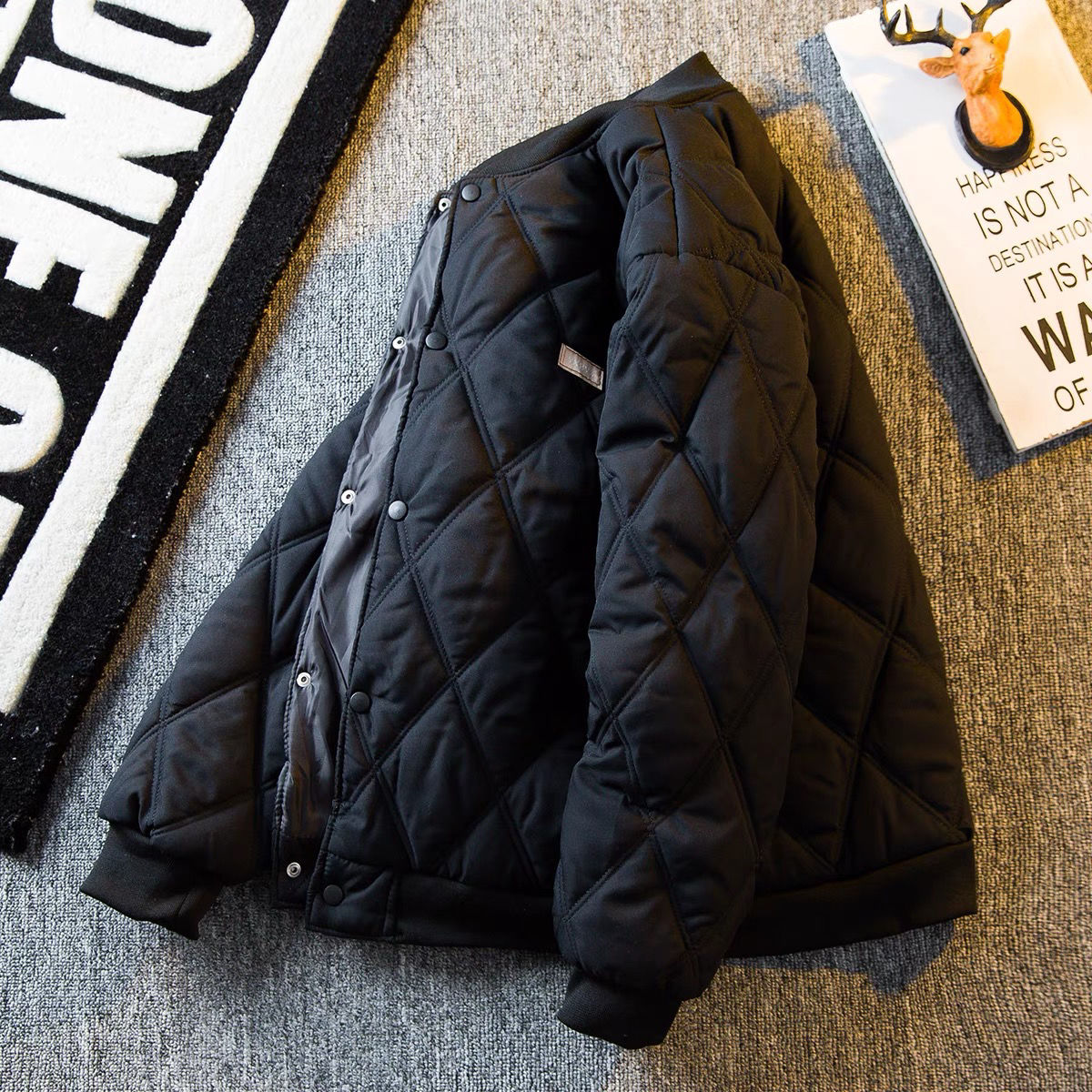 男装菱形格棒球领棉衣男冬季加厚复古工装棉袄外套男冬款棉服男潮