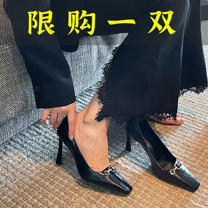 红蜻蜓牌2023年新款方头高跟鞋女浅口金属扣女鞋细跟百搭御姐风