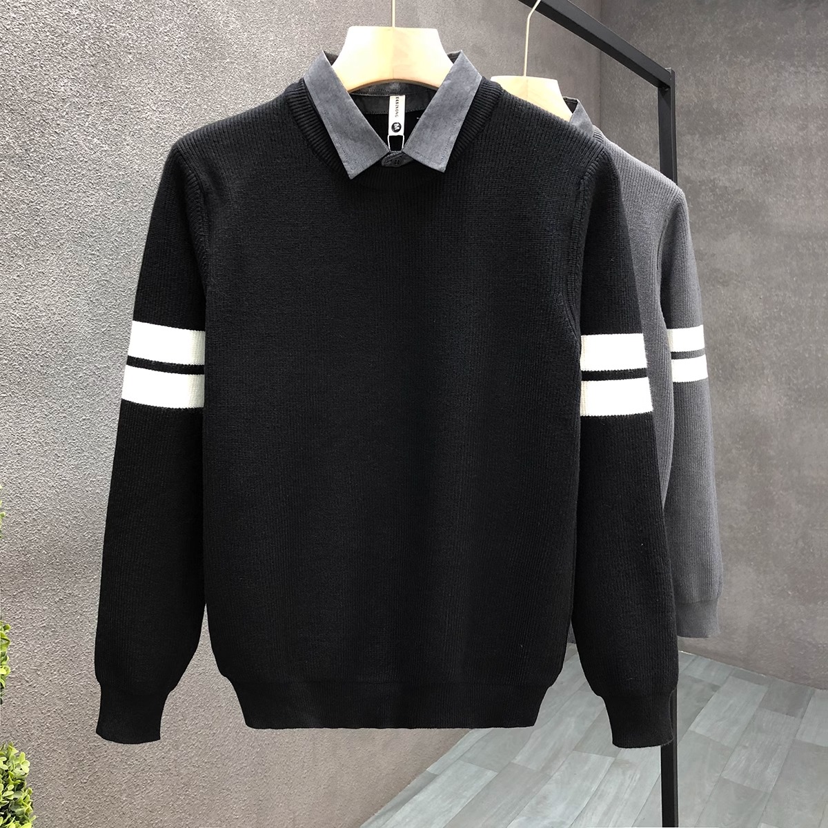 假两件毛衣男潮牌衬衫领内搭打底衫秋冬季新款男士翻领针织衫