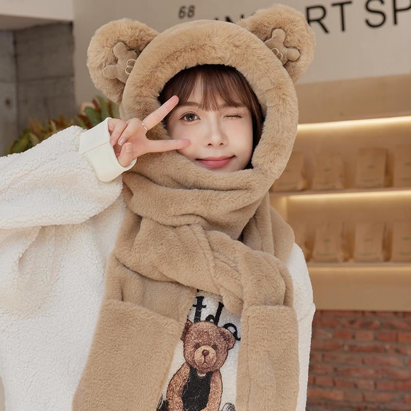 小熊帽子女冬款三件套冬天可爱毛绒连帽围巾一体保暖手套护耳围脖