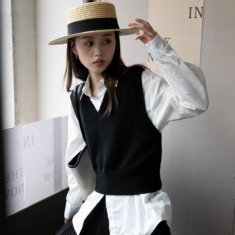 Kuclut古黑色毛线小马夹坎肩毛衣背心外搭叠穿v领针织马甲女有礼