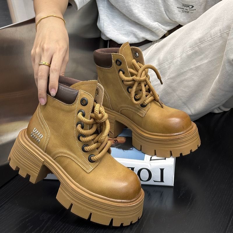 马丁靴女冬季新款时尚高帮厚底英伦风ins-加绒小个子增高短靴百搭