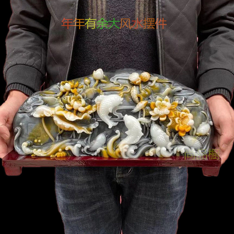 超大寿山石雕青花鲤鱼 年年有余玉石摆件家居装饰品观赏石手工网