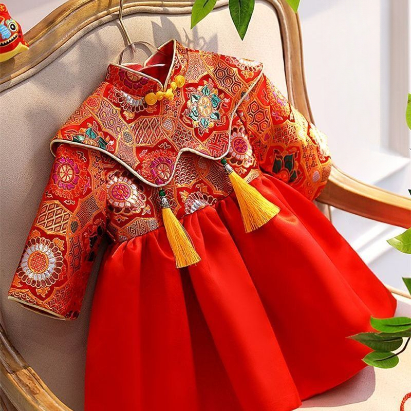 红色生日秀禾春秋唐装旗袍女宝宝周岁礼服一周岁女童小公