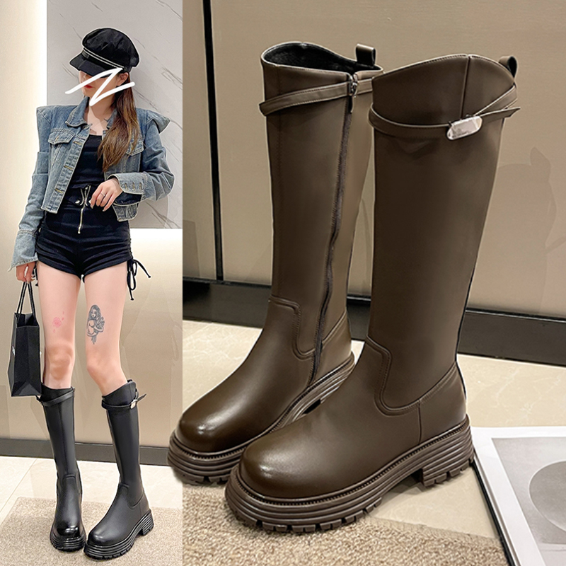 【开播福利】2023秋冬新厚底高筒靴女潮流时尚加绒保暖英伦风骑士靴
