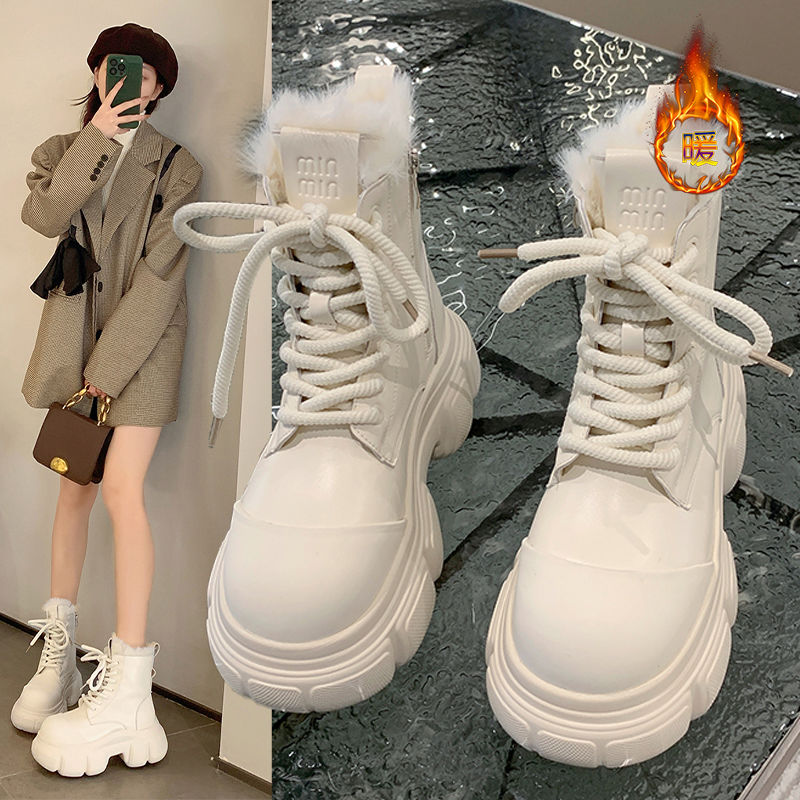 欧洲松糕厚底马丁靴女2023秋冬新款百搭系带爆款大头增高短靴