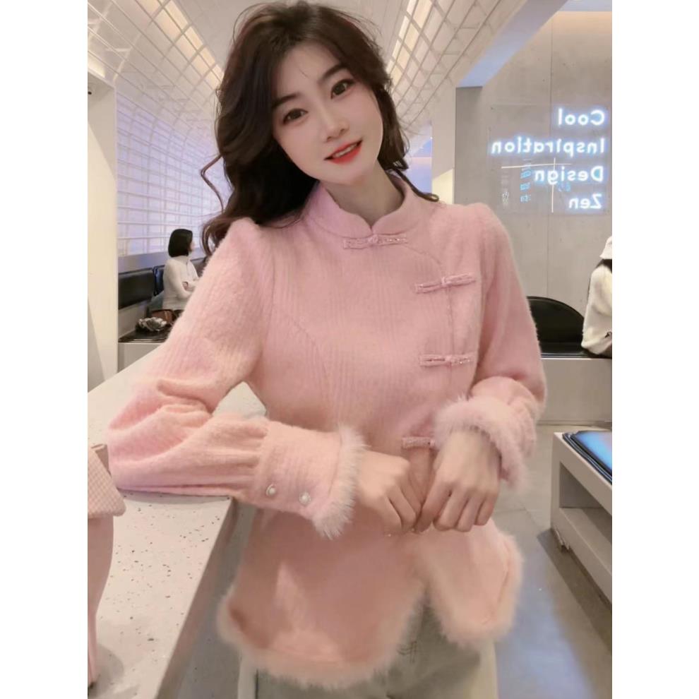 新中式甜美拼接设计感加厚立领长袖衬衫女冬季温柔风休闲减龄上衣