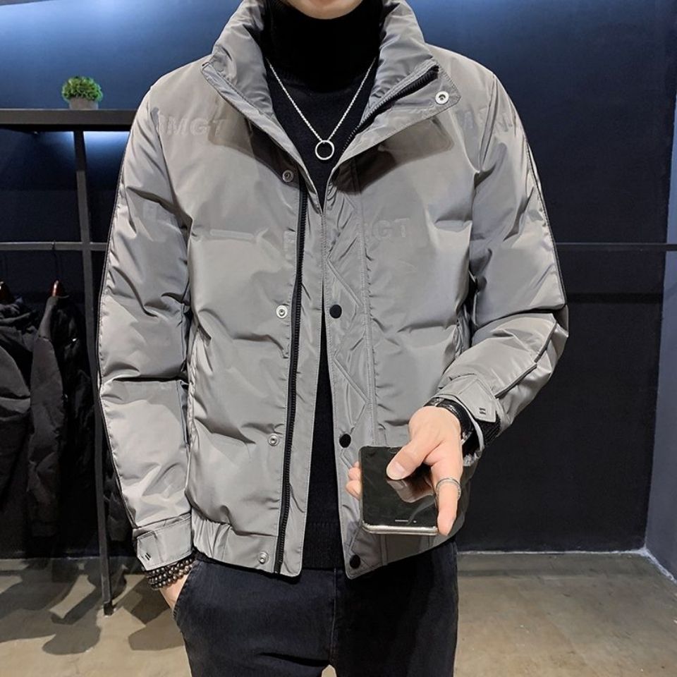 以纯免洗短款羽绒服男2022新款立领冬装青年百搭帅气压花潮流加厚