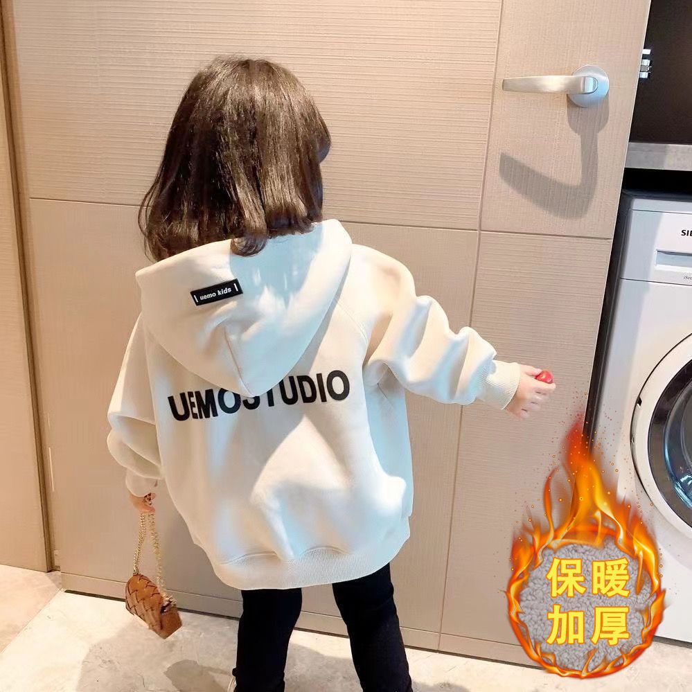 女童加绒卫衣外套2023秋冬装新款洋气儿童字母长袖宝宝保暖上衣潮