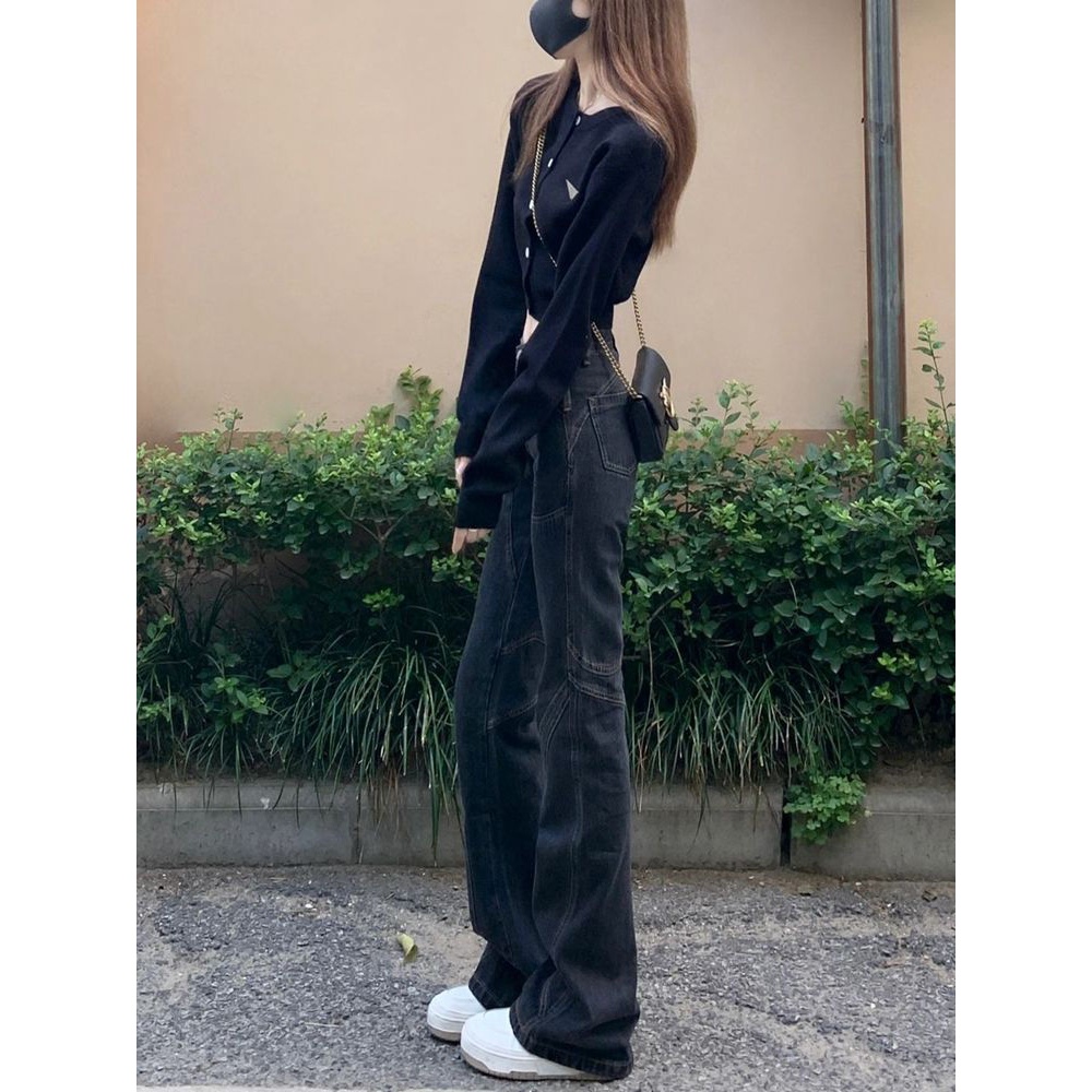 秋冬显瘦低腰微喇叭牛仔裤女宽松新款秋冬阔腿黑色窄版百搭拖地裤