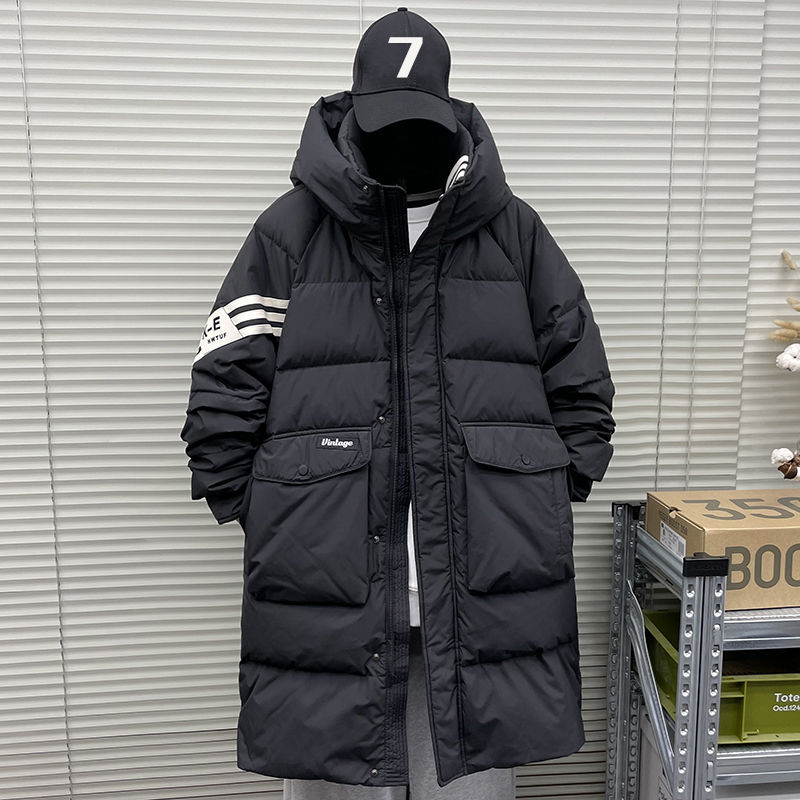 青少年羽绒服男中长款2023年冬季新款加厚条纹潮牌白鸭绒时尚外套