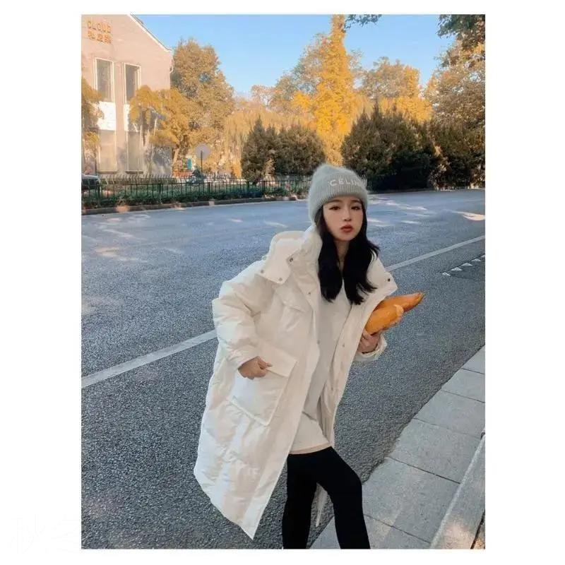 秋冬鸭中长款羽绒服2023韩版东大门连帽女宽松加厚白鸭绒冬装外套