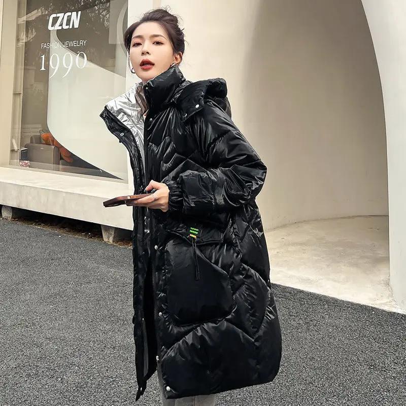 秋冬亮面免洗羽绒棉服女中长款新款冬季韩版宽松加厚棉衣羽绒衣A