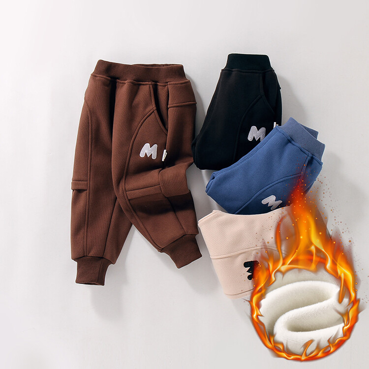 男童加绒裤秋冬季中小童M刺绣男宝宝一体绒卫裤加厚大口袋保暖裤