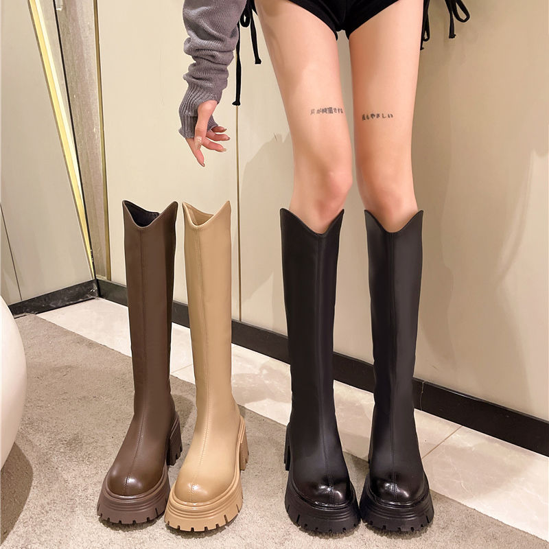 厚底机车长靴女2023秋冬烟筒靴时尚百搭英伦风圆头粗跟加绒马丁靴